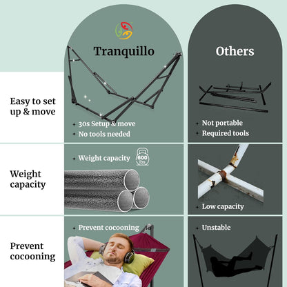 Tranquillo Universal Double Hammock with Stand Included for 2 Persons/Foldable Hammock Stand 600 lbs Capacity Portable Case - Inhouse, Outdoor, Camping, Red