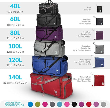 Bago Large Foldable Duffel Bags for Traveling Women & Men - 100L Packable Duffle Bag for Travel with Shoe Compartment - Water Repellant, Heavy Duty, Lightweight Folding & Collapsible (Purple)