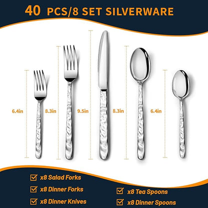 Silverware Set, 40 Piece Premium Stainless Steel Flatware Set for 8, Heavy Duty Silverware Cutlery Sets with Wavy Patterns, Spoons and Forks Set, Mirror Polished, Dishwasher Safe