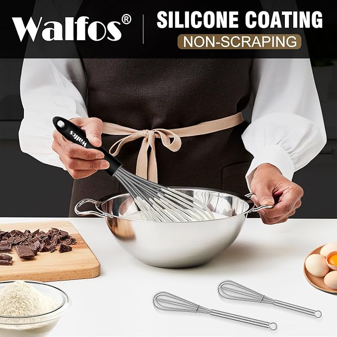 Walfos Whisk, Silicone Whisks Set of 5, Mini Stainless Steel Whisk 7in+5in and Non Scratch Coated 7+9+11in Whisks, Suitable for Blending, Whisking, Beating, Frothing & Stirring. (Grey)