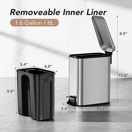 Small Trash Can with Lid Soft-Close, 6 L/1.6 Gal Bathroom Garbage Can with Removable Inner Bucket, Step Pedal, Stainless Steel Wastebasket for Kitchen, Bathroom, Bedroom, Office, Silver
