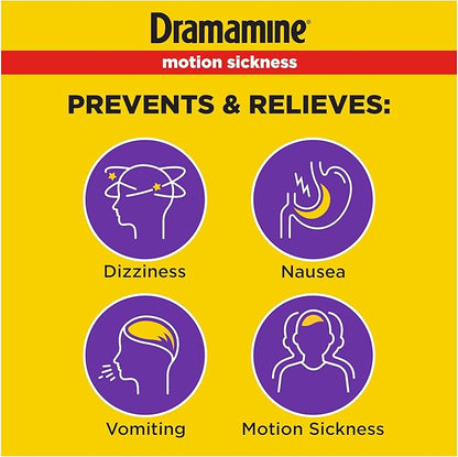 Dramamine Motion Sickness Less Drowsy, Chewables for Nausea Relief During Travel, Raspberry Cream Flavor, 12 Count