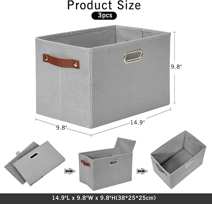 Large 3-Pack Foldable Fabric Storage Bins with Durable PU & Metal Handles, Collapsible Storage Baskets for Shelves, Home Storage, Closet Organizers, Living Room(14.9"x9.8"x9.8", Grey)