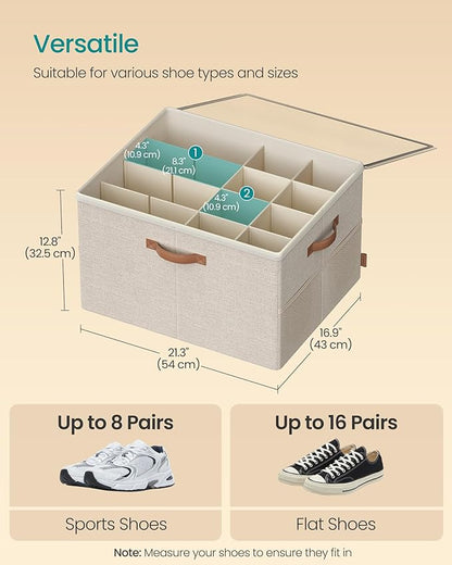 SONGMICS Shoe Organizer for Closet, Shoe Storage Bin, Fits 16 Pairs, Fabric Container with Handles and Clear Cover, Adjustable Dividers, Customizable, Cappuccino Beige ULSP555K01