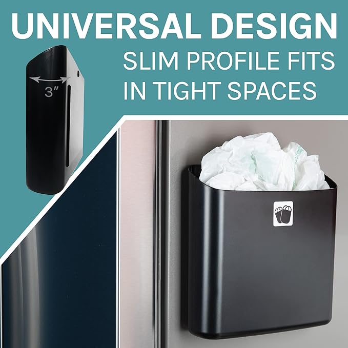 JS Jackson Supplies Black Lint Bin with Magnetic Back (Set of 2), Large and Small Space Saving Trash Bins and Organizers for Laundry Room and Kitchen, Wall Mountable