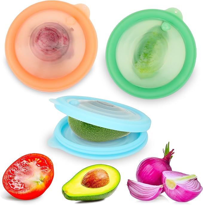 Silicone Reusable Vacuum-Seal Storage Containers for Fridge,Fresh Fruit,Vegetables,Garlic,Onions,Lemons,Potatoes,Meat,for Microwave Oven Heating,Freezer,Dishwasher,Avocado Saver,Tomato Holder,3 Pack