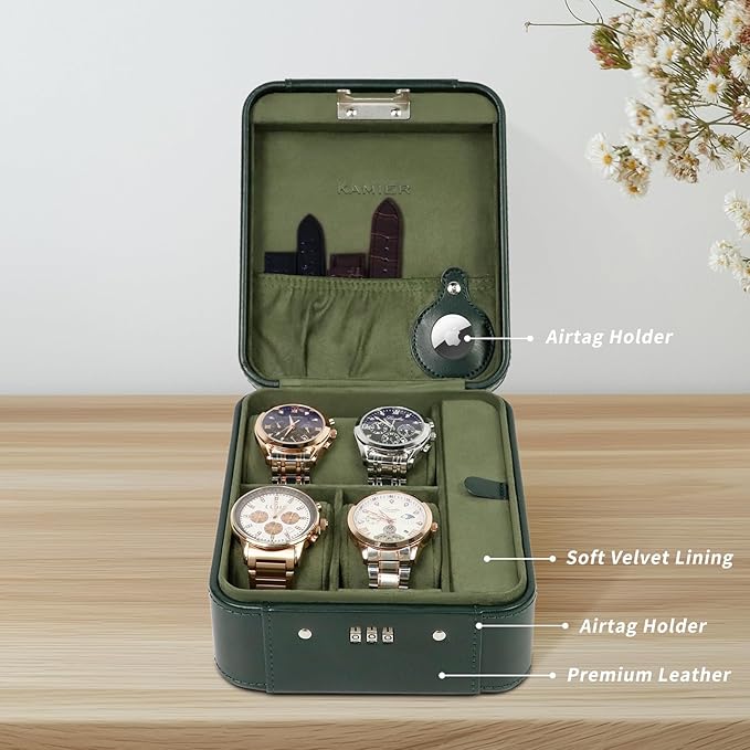 KAMIER Watch Case with Combination Lock - 4 Watch Storage and Jewelry Organizer - Watch Travel Case for Ring and Watch Storage, PU Leather Travel Watch Case, Ideal for Gift (With Gift Box), Green