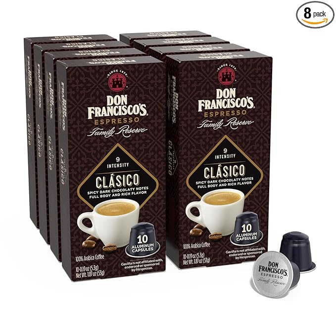 Don Francisco's Clasico Espresso Pods: 80 Recyclable Aluminum Capsules, Intensity 9 Dark Roast, Compatible with Nespresso Original Line Machines - Bold Cuban-Style with Spicy Chocolate Notes
