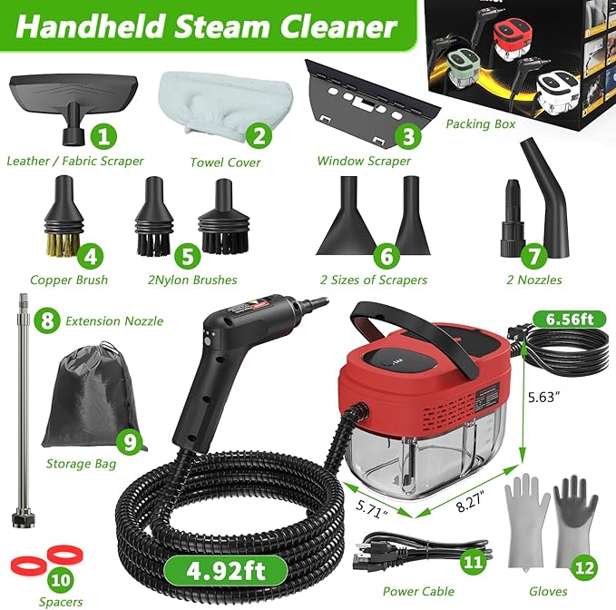 Handheld Steam Cleaner, 2500W High Pressure Steamer for Cleaning, Portable Steam Cleaner with 1.6L Water Tank, 3 Levels Adjustable Handle, Steam Cleaner for Home, Car, Furniture, Bed Bugs (Red)