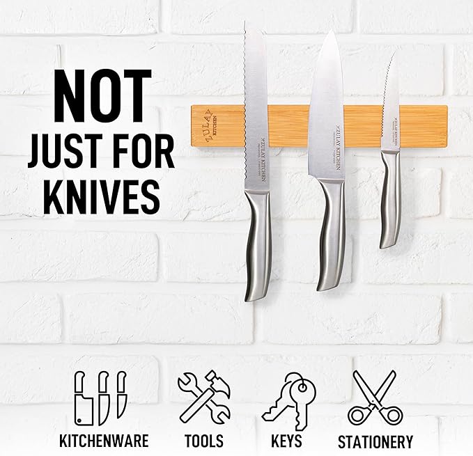 Zulay 11.75" Seamless Bamboo Wood Magnetic Knife Holder - Wooden Magnetic Knife Strip for Organizing your Kitchen - Elegant & Multifunctional Magnet Holder for Wall with Easy Installation