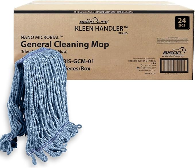 KLEEN HANDLER HEAVY DUTY Commercial Mop Head Replacement, Wet Industrial Blue Cotton Looped End String Cleaning Mop Head Refill (Case of 24)