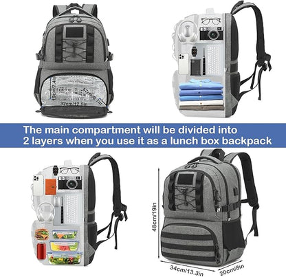 Laptop Lunch Backpack for Men - 40L Large Capacity Work Backpack with Lunch Compartment and USB Post, RFID Insulated Cooler Backpack for Work, Travel, Picnic, Black+Gray