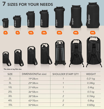 Unigear Dry Bag Waterproof, 2L/5L/10L/20L/30L/40L Floating and Lightweight Bags for Kayaking, Boating, Fishing, Swimming and Camping with Waterproof Phone Case