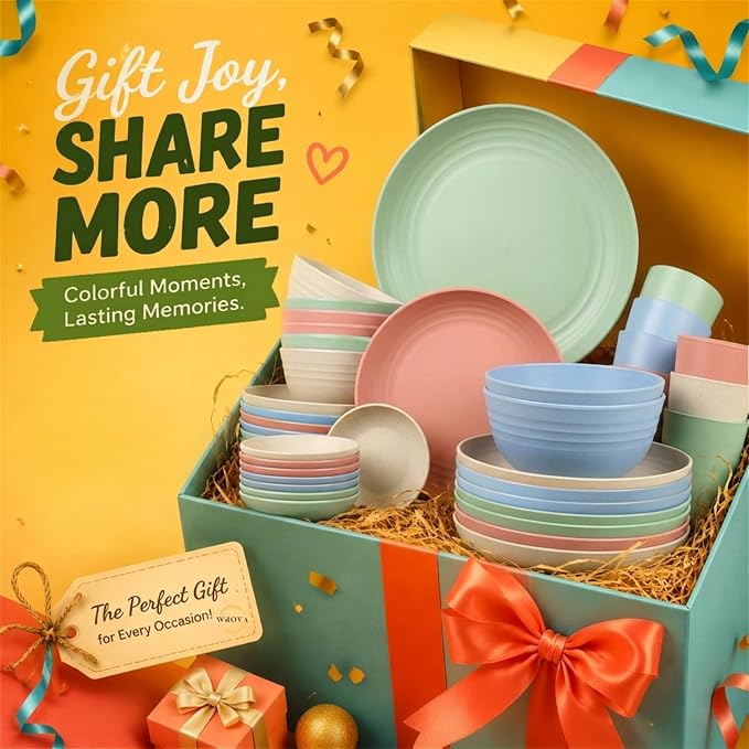 40PCS Dishes Set, Kids Plates and Bowls Set, Unbreakable Dinnerware Set | Wheat