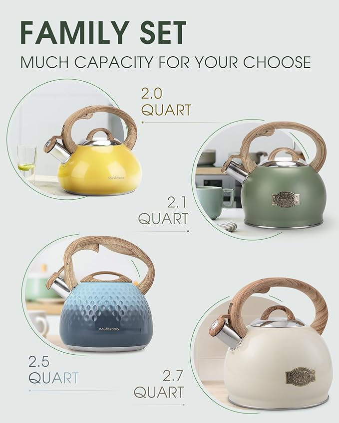 Tea Kettle Stovetop, 2.1 Quart Stove Top Whistling Tea Kettle, Teapot Kettles with Food Grade Stainless Steel and Wood Pattern Folding Handle, Suitable for All Heat Sources