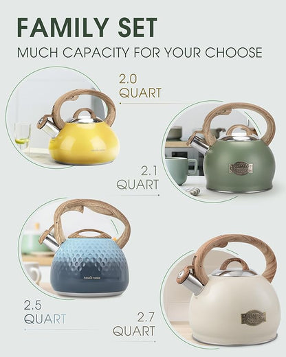Tea Kettle Stovetop, 2.1 Quart Stove Top Whistling Tea Kettle, Teapot Kettles with Food Grade Stainless Steel and Wood Pattern Folding Handle, Suitable for All Heat Sources