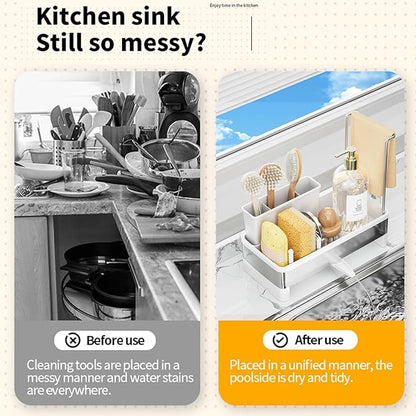 Sponge Holder for Kitchen Sink,Sink Caddy Organizer with Removable Brush Holder,Kitchen Countertop Soap Dispenser Storage with Detachable Towel Rack,White