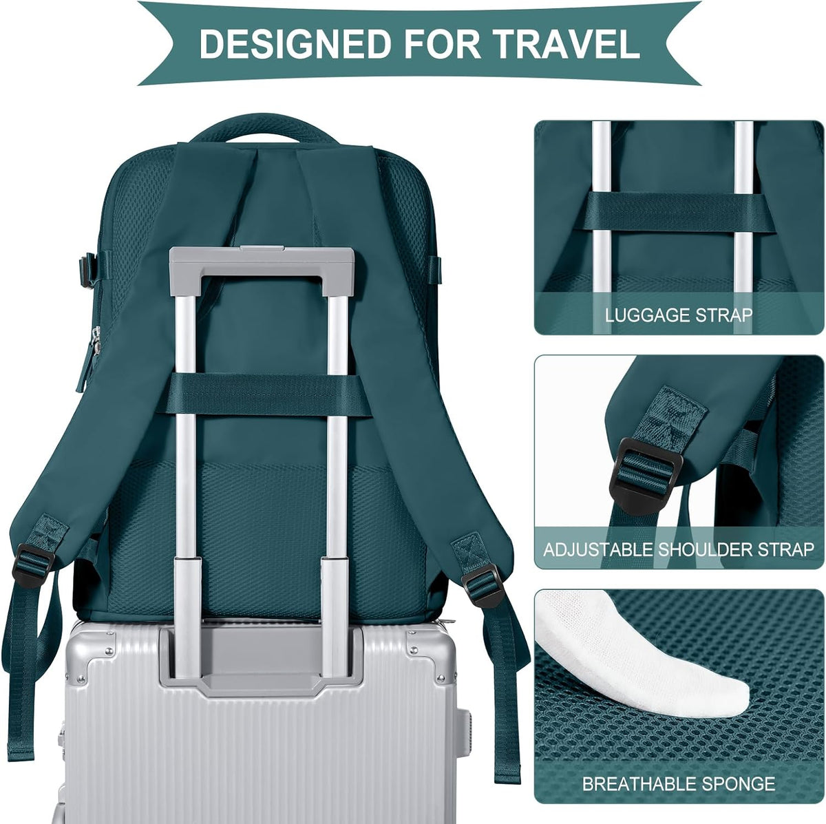 coowoz Large Travel Backpack For Women Men,Carry On Flight Approved,Hiking Waterproof Outdoor Sports Rucksack Casual Daypack Fit 15.6 Inch Laptop Shoes Compartment (Peacock Blue)