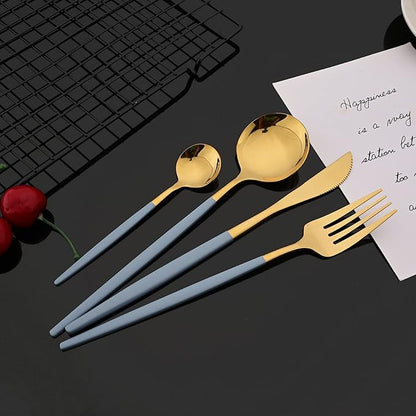 JASHII Flatware Set 24 Piece, Stainless Steel Silverware Set, Macaron Small Fresh Color Cutlery Set, Modern Elegant Tableware Set for Party, Christmas, Dinner (Haze Blue Gold)