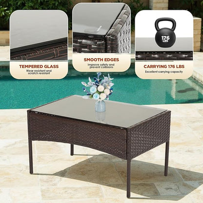 FDW | 4-Piece Patio Furniture Set | Brown & Blue | Outdoor Wicker Furniture