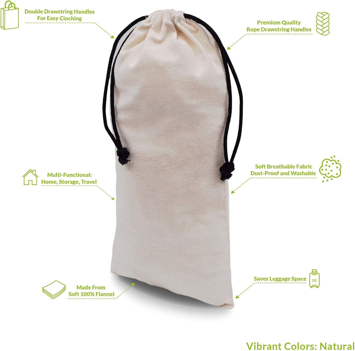 ZENPAC Cloth Shoe Bags for Travel, Beige Duster Flannel Pouch with Drawstring Closure, Washable Breathable Cotton Fabric for Luggage, 8x17, 4 Pack