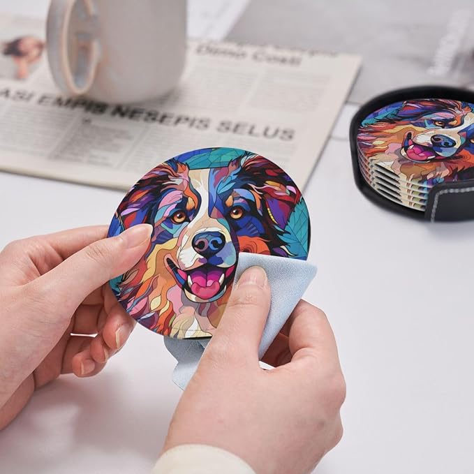 Australian Shepherd Stained Dog Breed Glass Art Leather Drinks Coasters