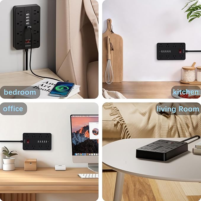Power Strip Surge Protector, HUNIAN Flat Plug 10 Ft Long Extension Cord with 8 Widely Spaced Outlets 6 USB (1 USB C Port), Wall Mount Charging Station for Home and Office