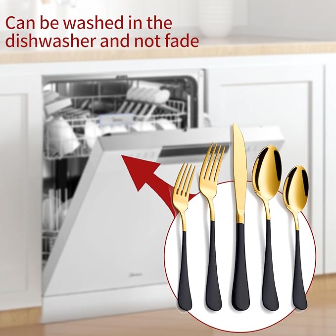 20-Piece Gold Silverware Set 18/0 Stainless Steel Flatware Black Handle Cutlery Set Service for 4 Dinner Knives Forks Spoons Set Mirror Finish Dishwasher Safe