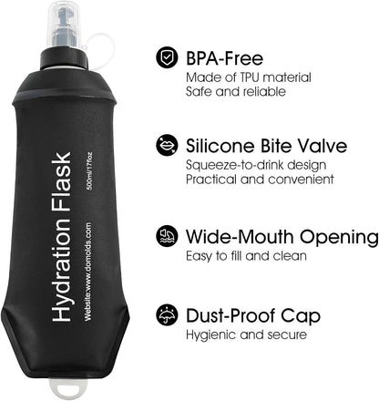GYGYL Soft Flask, TPU Collapsible Soft Water Bottle for Hydration Pack, Running Vest, Leak-Proof Folding Water Bottle for Hiking Cycling Climbing Jogging-500ml Black