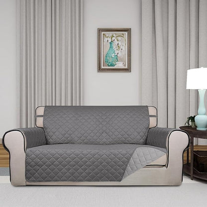 PureFit Reversible Quilted Sofa Cover, Water Resistant Slipcover Furniture Protector, Washable Couch Cover with Non Slip and Elastic Straps for Kids, Dogs, Pets (Oversized Loveseat, Gray/Light Gray)