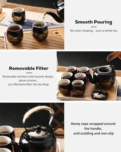 Dujust Japanese Tea Set, Black Porcelain Tea Set with 1 Teapot Set, 6 Tea Cups, 1 Tea Tray, 1 Stainless Infuser, Beautiful Asian Tea Sets for Adults, Tea Lover/Women/Men (Countryside in Golden)