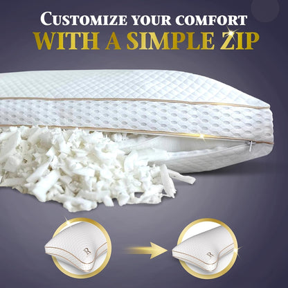 Royal Therapy Queen Memory Foam Pillow, Adjustable Shredded Memory Foam Pillows Queen Odor-Free Pillow for Neck & Shoulder Pain Relief, Support for Back, Stomach, Side Sleepers, BioForm