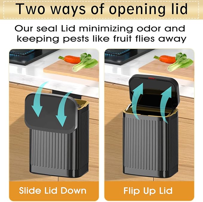 GloDeals Kitchen Hanging Trash Can with Lid, 2.1Gal/ 8L Stainless Steel Trash Can Compost Bin Counter Top, Wall-Mount Indoor Kitchen Trash Bin for Cabinet, Under Sink, Bathroom (Black)