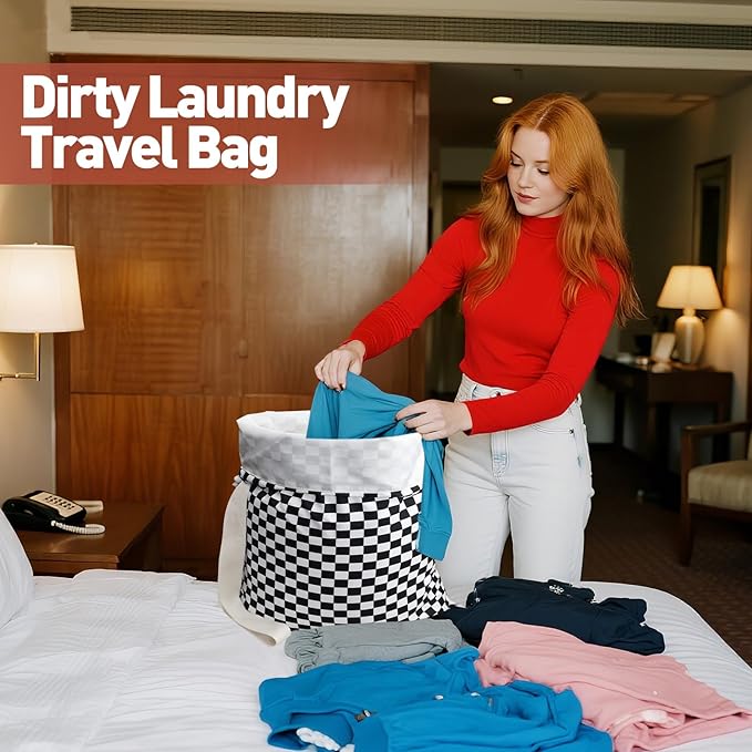 Laundry Bag, Dirty Backpack Laundry Bag For College Travel Laundromat Apartment, With Handles 29" X 18" (Black White Checkered)