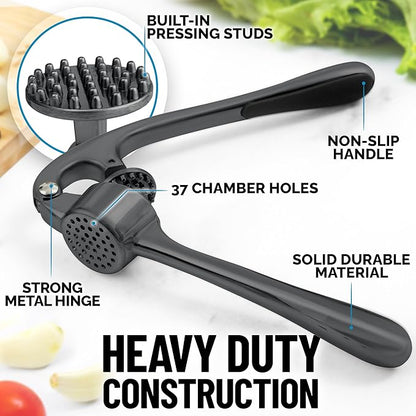 Zulay Kitchen Premium Garlic Press Set - Rust Proof & Dishwasher Safe Professional Garlic Mincer Tool - Easy-Squeeze, Easy-Clean with Soft, Ergonomic Handle - Silicone Garlic Peeler & Brush-Dark Gray