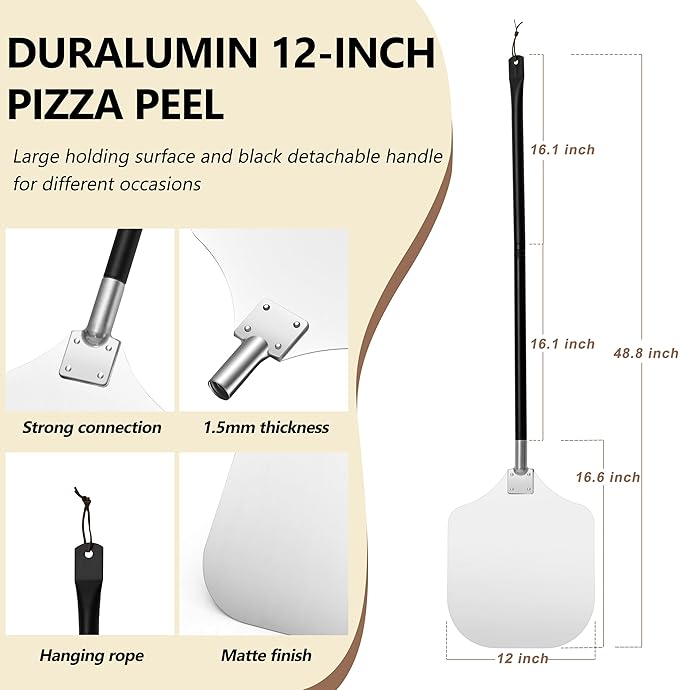 HaSteeL Aluminum Pizza Peel Spatula Set, 12 Inch Pizza Paddle Shovel, 14 Inch Metal Pizza Cutter Rocker, Pizza Oven Accessories Tools for Cooking Baking Turning Cutting, Long Detachable Handle
