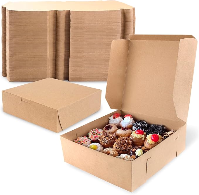 Fit Meal Prep 250 Pack Kraft Bakery Boxes - Brown Cardboard Pie & Dessert Boxes, 9x9x3 inches, for Cupcakes, Chocolates & Donuts