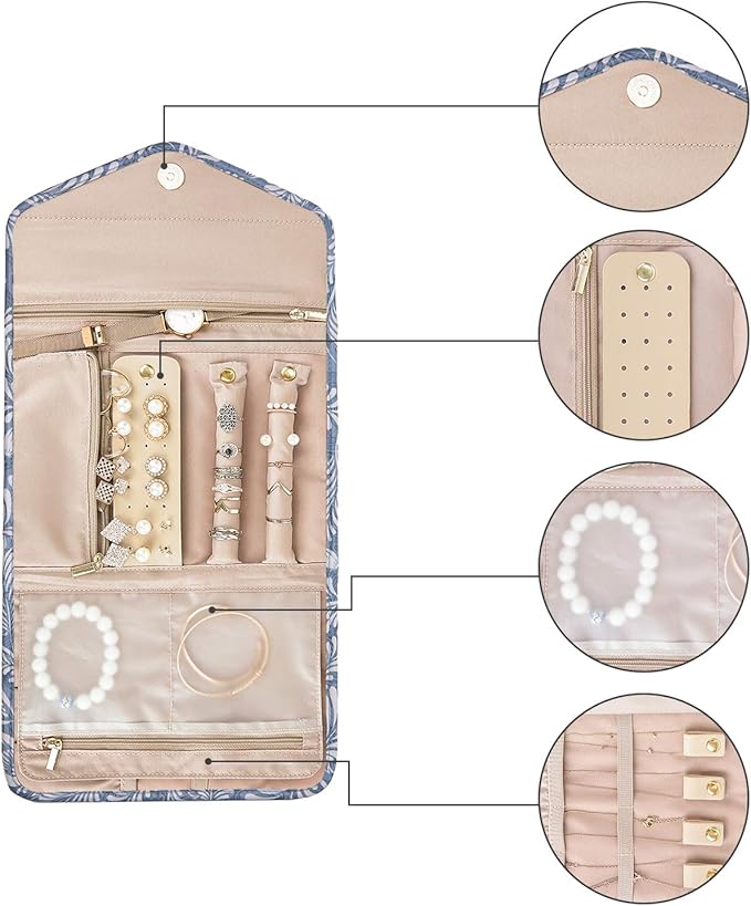 BAGSMART Travel Jewellery Organiser Roll Foldable Jewelry Case for Journey-Rings, Necklaces, Bracelets, Earrings, White Leaf