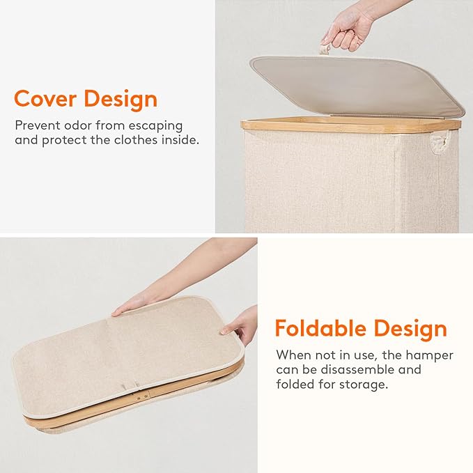 Lifewit 100L Laundry Basket with Lid, Clothes Hampers for Laundry with Bamboo Handles and A Removable Bag, Large Foldable Laundry Hamper for Bedroom, Bathroom, Dorm, Laundry Room, Beige