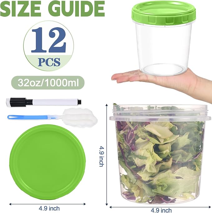 32 oz Plastic Containers with Lids, 12 Pack Stackable Freezer Soup Container, Reusable Clear Food Storage Meal Prep Containers for Snack Fruit, Microwave & Dishwasher Safe, with Pen & Brush