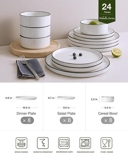 Famiware Nebula Plates and Bowls Set, 24 Pieces Dinnerware Sets, Dishes Set for 8, White with Black Rim
