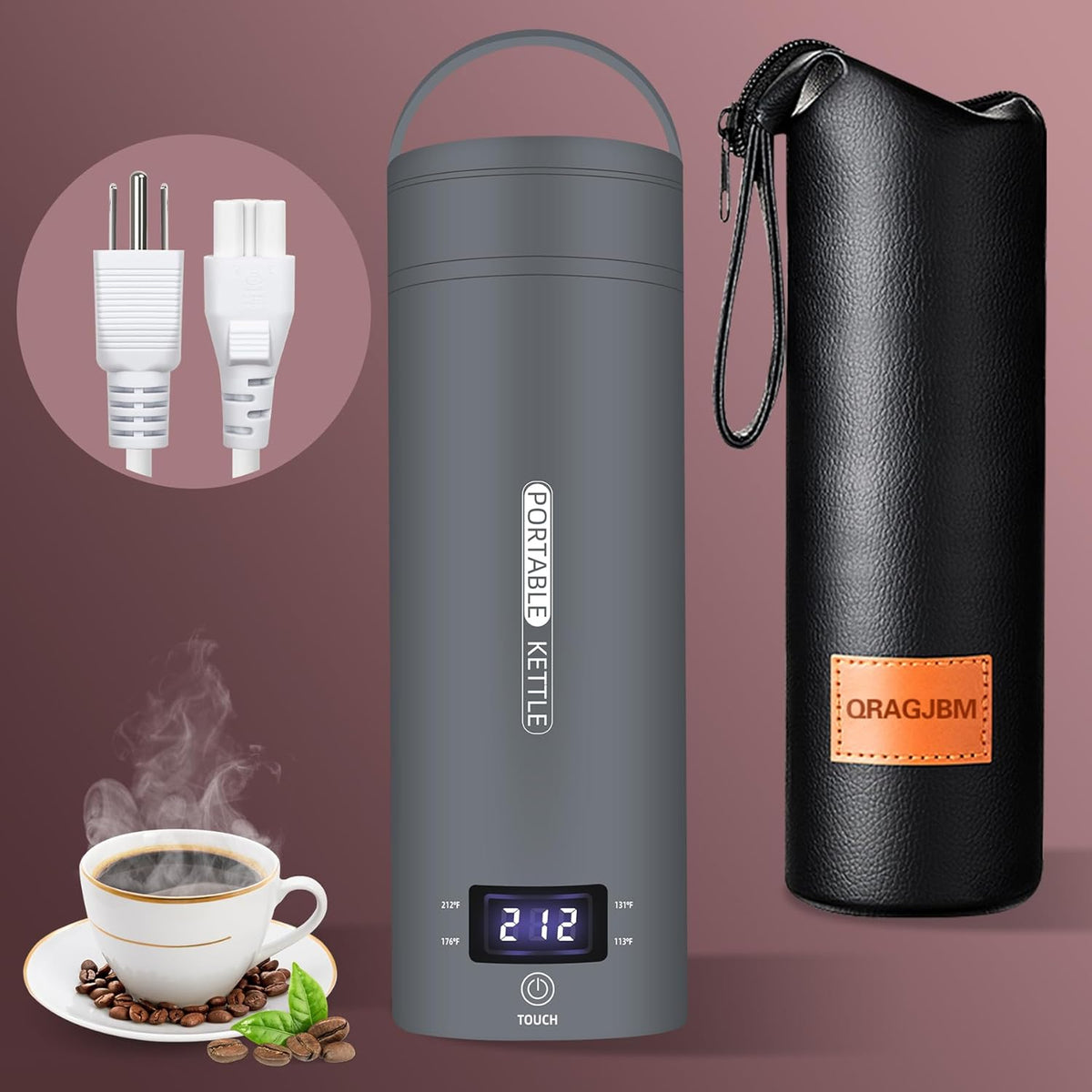 Travel Electric Kettle Portable Small Mini Tea Coffee Kettle Water Boiler, Water Heater with 4 Temperature Control,304 Stainless Steel with Auto Shut-Off & Boil Dry Protection, BPA-Free (Grey)