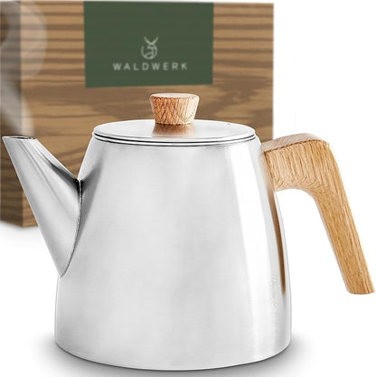 WALDWERK Tea Pot with Infuser - Double Wall Stainless Steel Teapot - Tea Pot with Infuser for Loose Tea - Made from 304 Stainless Steel and Oak Wood - Isolated Teapot with Strainer - 100% Drip Free