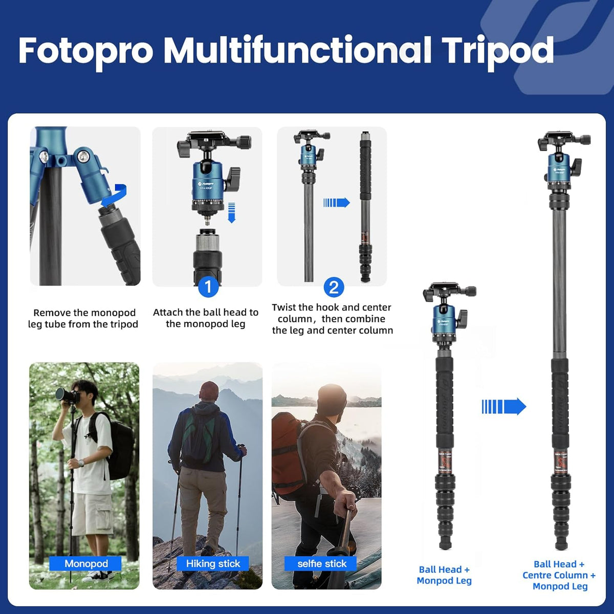 Fotopro 59" Carbon Fiber Travel Tripod, Compact Camera Tripod with Ball Head, Detachable Monopod with Quick Release Plate and Bag, Load up to 8KG/17.63lbs, Blue