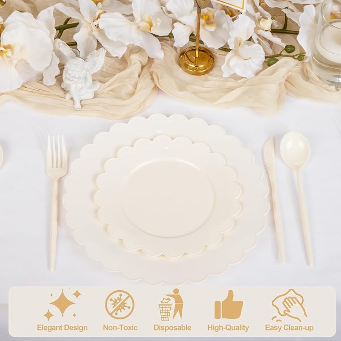 100pcs Ivory Plastic Plates Fancy Scalloped Plates