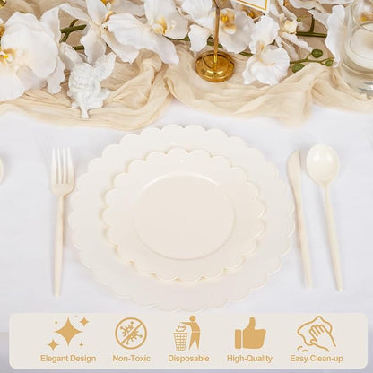 100pcs Ivory Plastic Plates Fancy Scalloped Plates