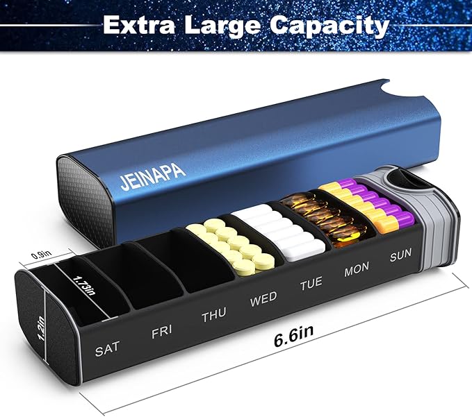 Extra Large Pill Organizer 7 Day, Aluminum Daily Pill Box, Weekly Travel Pill Case, Cute Pill Holder to Hold Vitamins, Medicines, Pills, Supplements