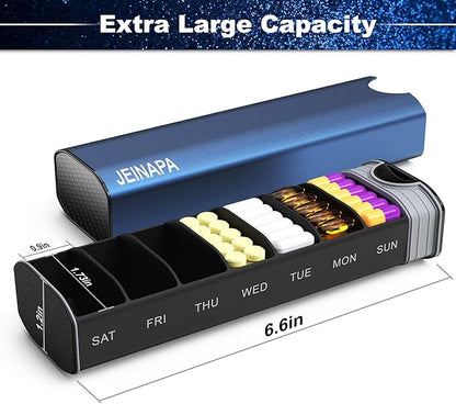 Extra Large Pill Organizer 7 Day, Aluminum Daily Pill Box, Weekly Travel Pill Case, Cute Pill Holder to Hold Vitamins, Medicines, Pills, Supplements