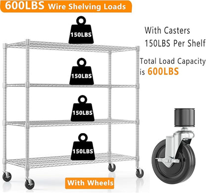 Himimi 72" H Storage Shelves 4 Tier Metal Shelving Adjustable Wire Shelf with Wheels, Heavy Duty Shelving for Garage Kitchen Pantry Bathroom Laundry,18" D*48" W*72" H, Silver
