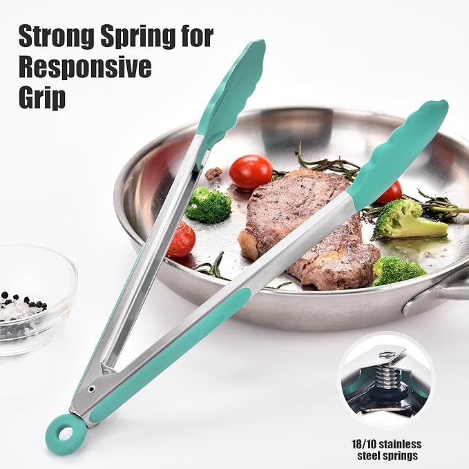 Doosu Kitchen Tongs for Cooking - 600°F Heat Resistant Food Tong with Non-Scratch Silicone Tips, Heavy Duty Stainless Steel Locking Tong for BBQ, Grilling Steak, Serving Salad, Pasta (12in, Aqua Sky)